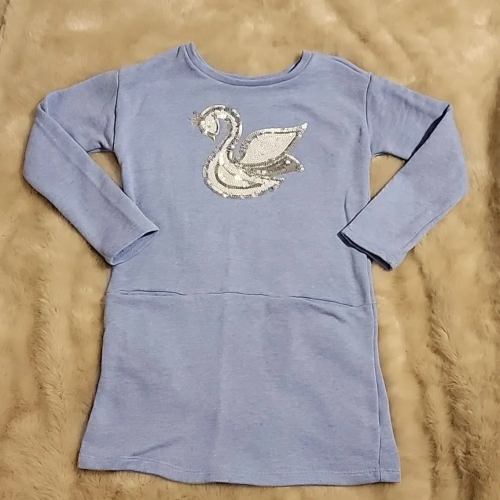 GYMBOREE PERIWINKLE BLUE REVERSE SEQUINED SWAN LONG-SLEEVE DRESS, SIZE 7-8